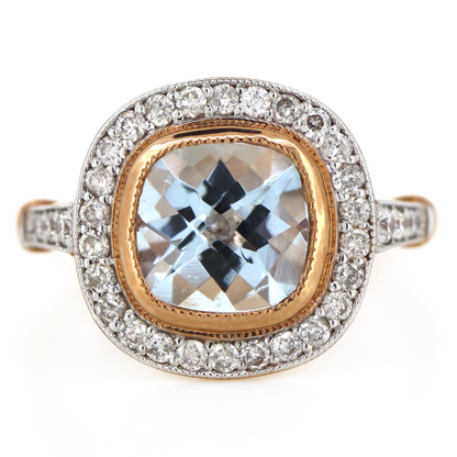 Rose Gold Aquamarine and Diamond Halo Ring