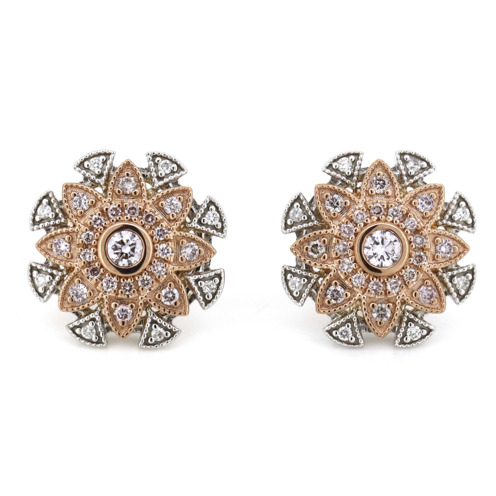 White/Rose Gold, Fancy Pink Diamond and Diamond, Decorative Stud Earrings