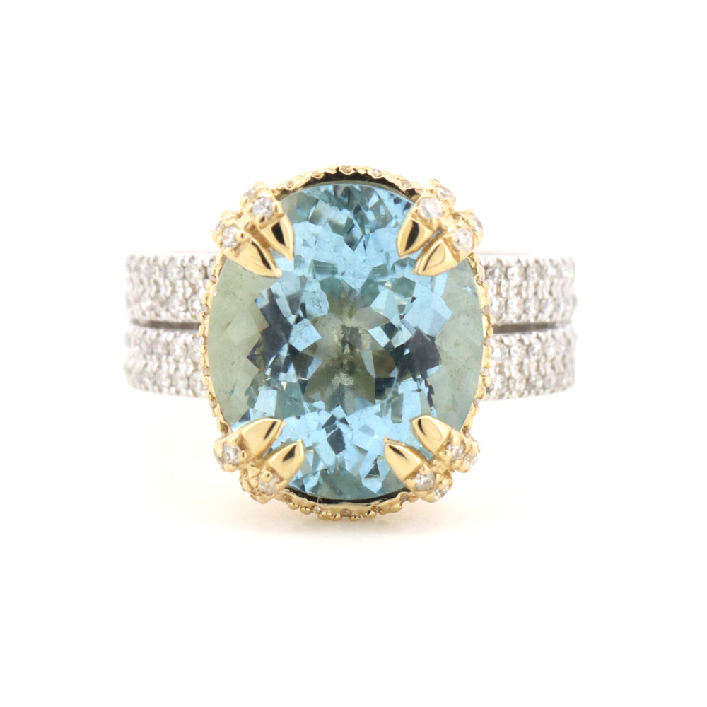 White/Yellow Gold, 6.28ct Aquamarine and Diamond Cocktail Ring