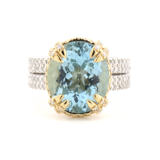 White/Yellow Gold, 6.28ct Aquamarine and Diamond Cocktail Ring