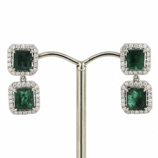 Platinum Emerald & Diamond Halo Drop Earrings