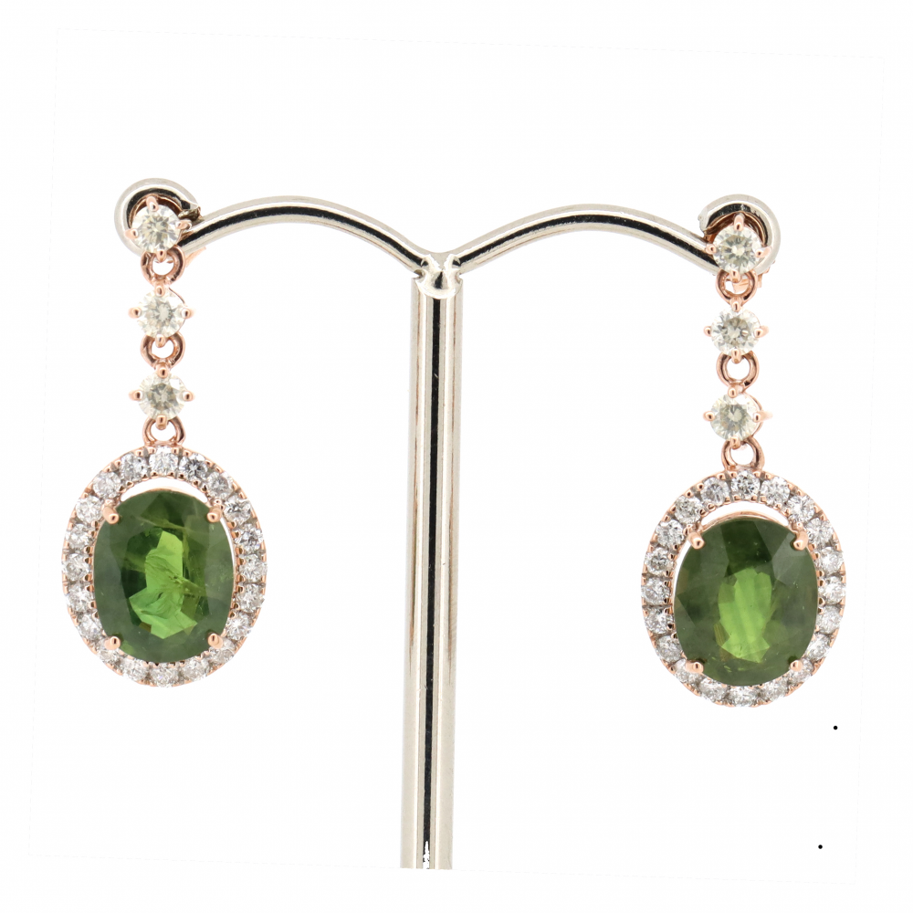 Rose Gold Green Sapphire and Diamond Halo Drop Earrings