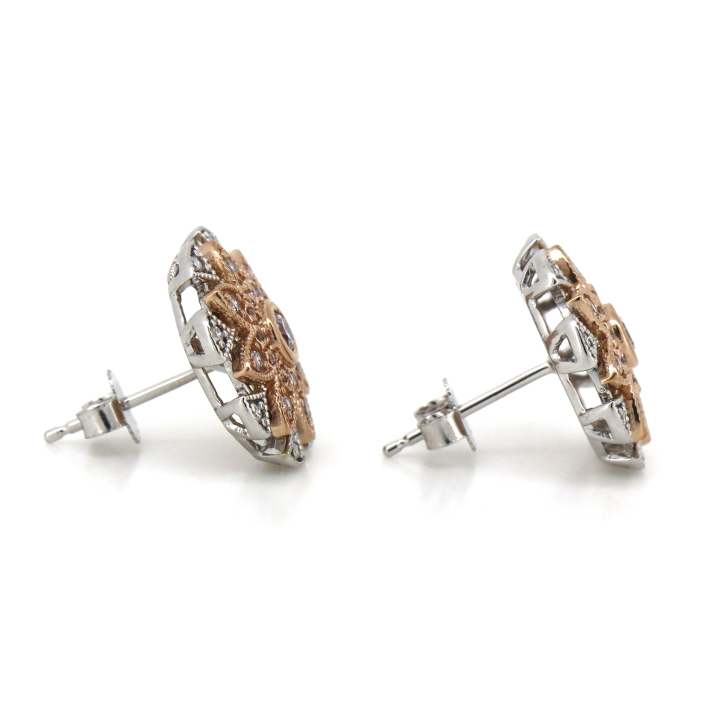 White/Rose Gold, Fancy Pink Diamond and Diamond, Decorative Stud Earrings