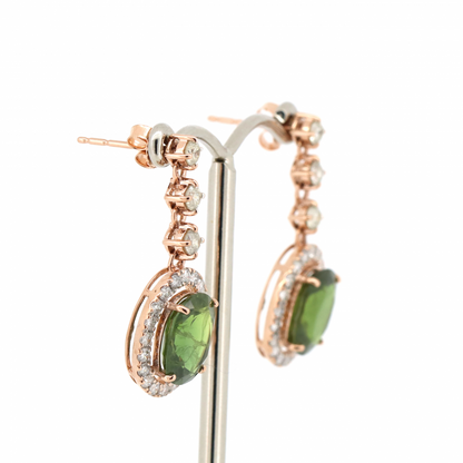 Rose Gold Green Sapphire and Diamond Halo Drop Earrings