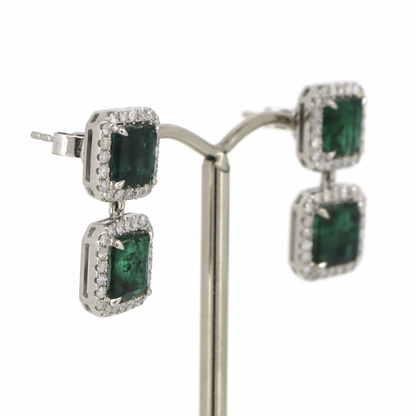 Platinum Emerald & Diamond Halo Drop Earrings