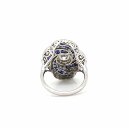 Blue Sapphire and Diamond Art Deco Inspired Cluster Ring