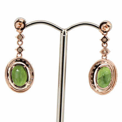 Rose Gold Green Sapphire and Diamond Halo Drop Earrings