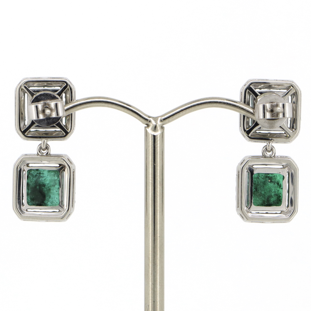 Platinum Emerald & Diamond Halo Drop Earrings