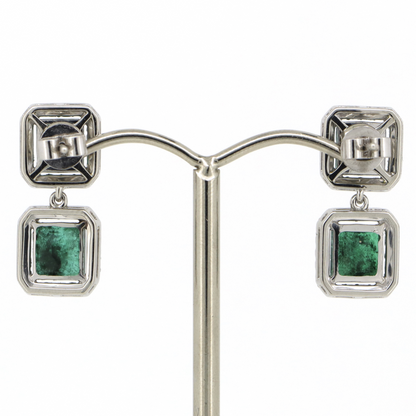 Platinum Emerald & Diamond Halo Drop Earrings