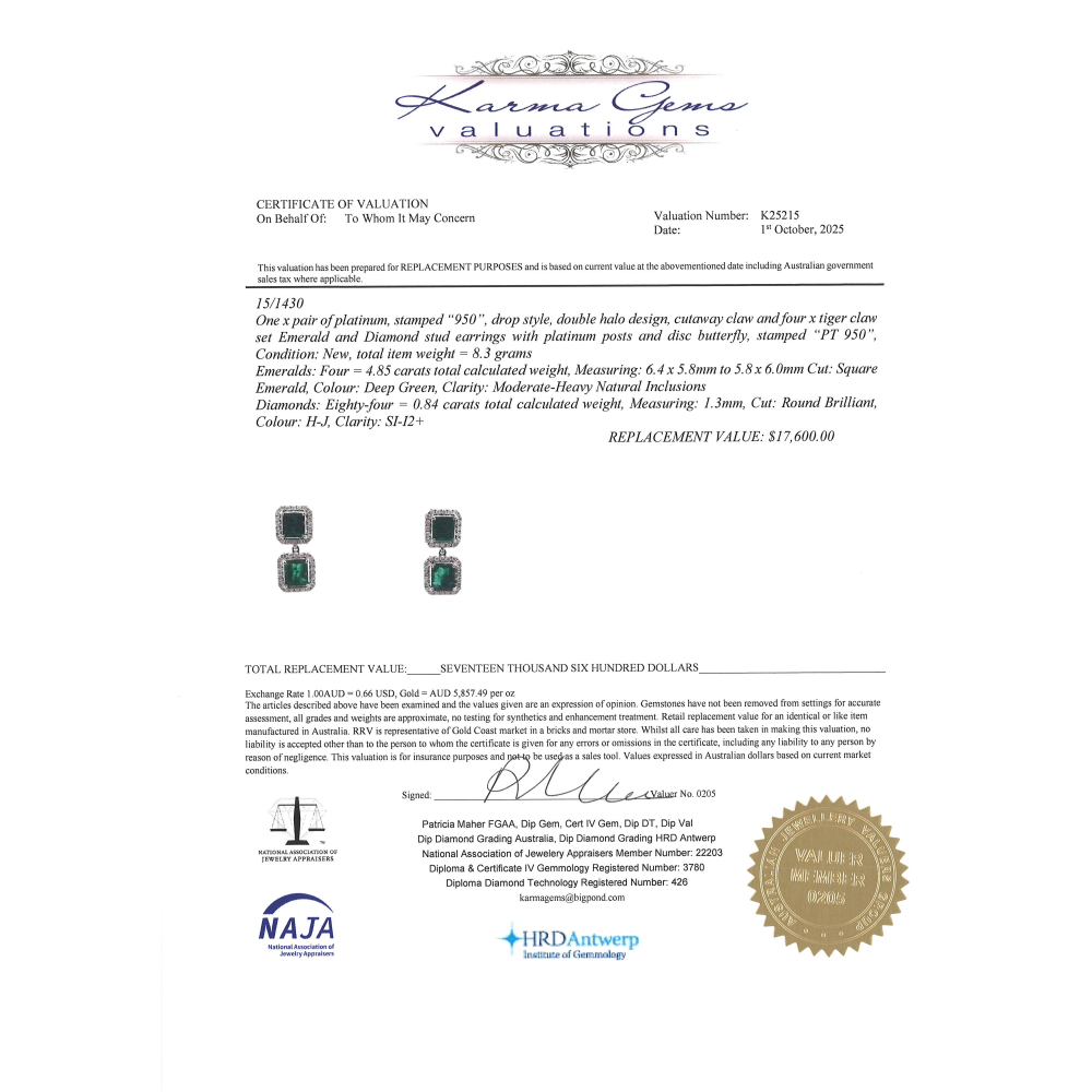 Platinum Emerald & Diamond Halo Drop Earrings