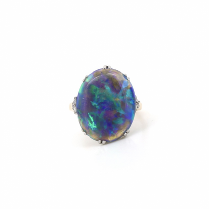 Black Australian Lightning Ridge Opal and Diamond Antique Inspired Ring