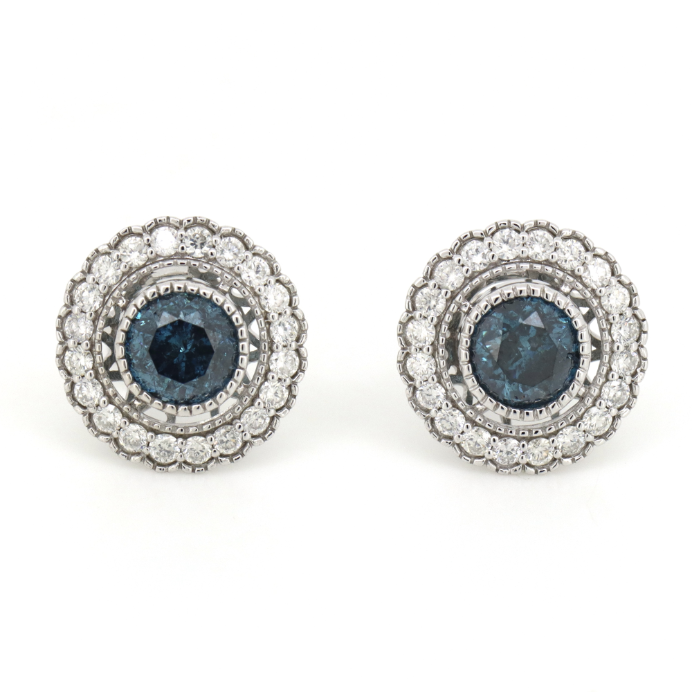 White Gold, 2.13ct Blue Diamond and Diamond, Halo Earrings