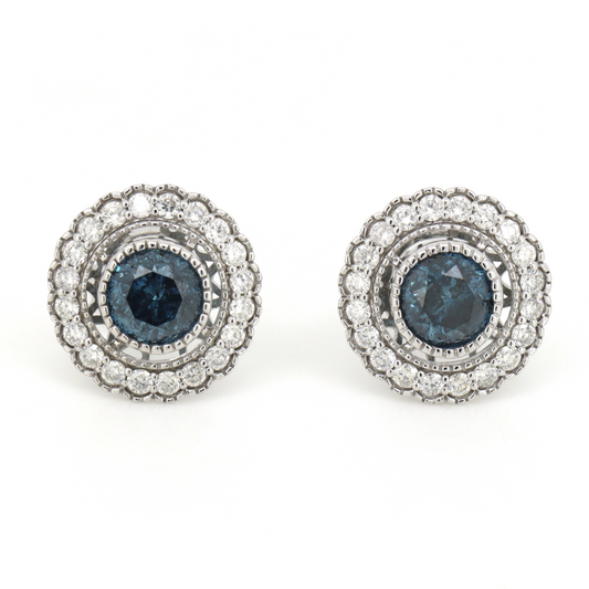 White Gold, 2.13ct Blue Diamond and Diamond, Halo Earrings