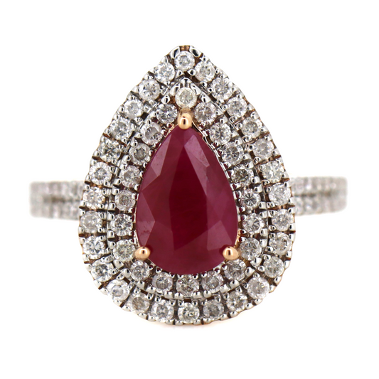1.18ct Rose Gold Pear Shaped Ruby and Diamond Double Halo Ring