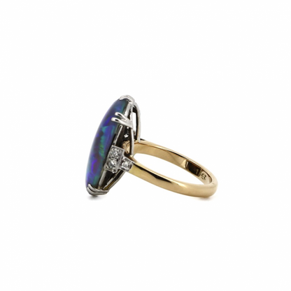 Black Australian Lightning Ridge Opal and Diamond Antique Inspired Ring