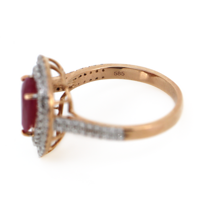 1.18ct Rose Gold Pear Shaped Ruby and Diamond Double Halo Ring