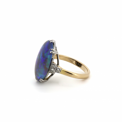 Black Australian Lightning Ridge Opal and Diamond Antique Inspired Ring