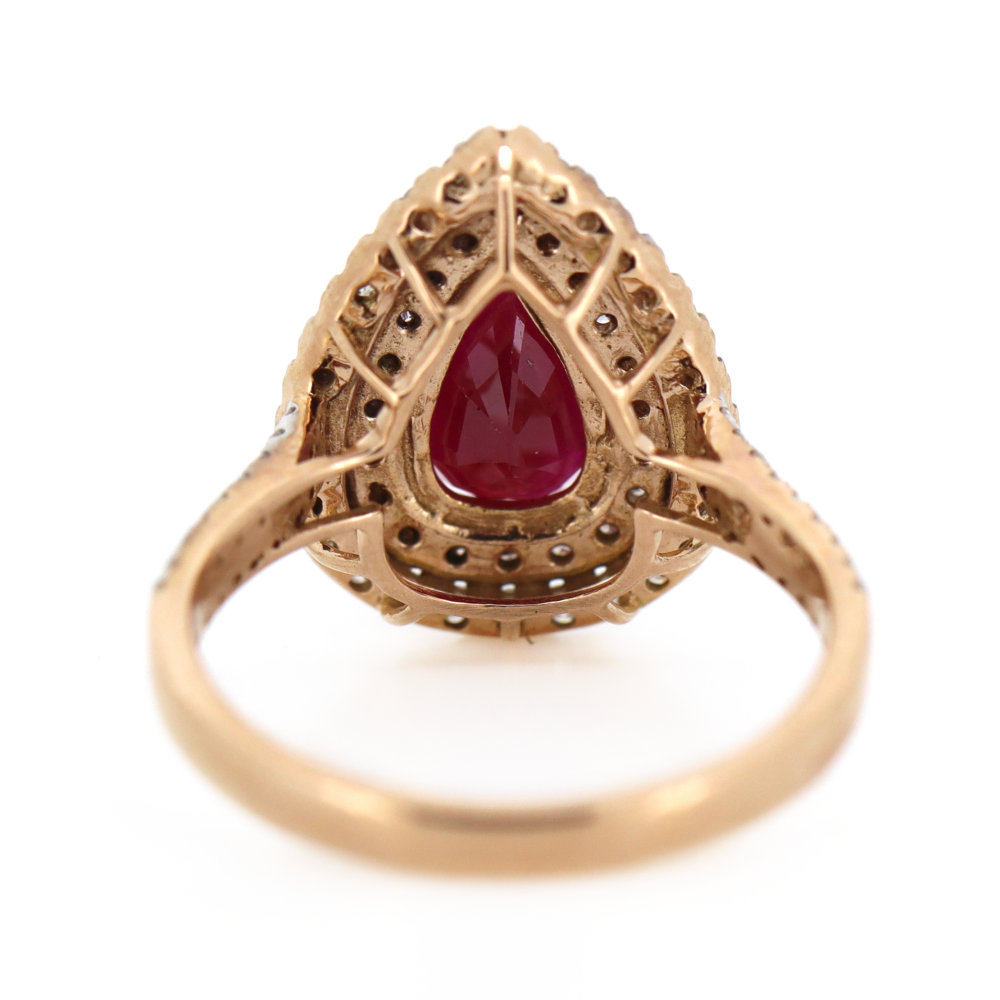 1.18ct Rose Gold Pear Shaped Ruby and Diamond Double Halo Ring