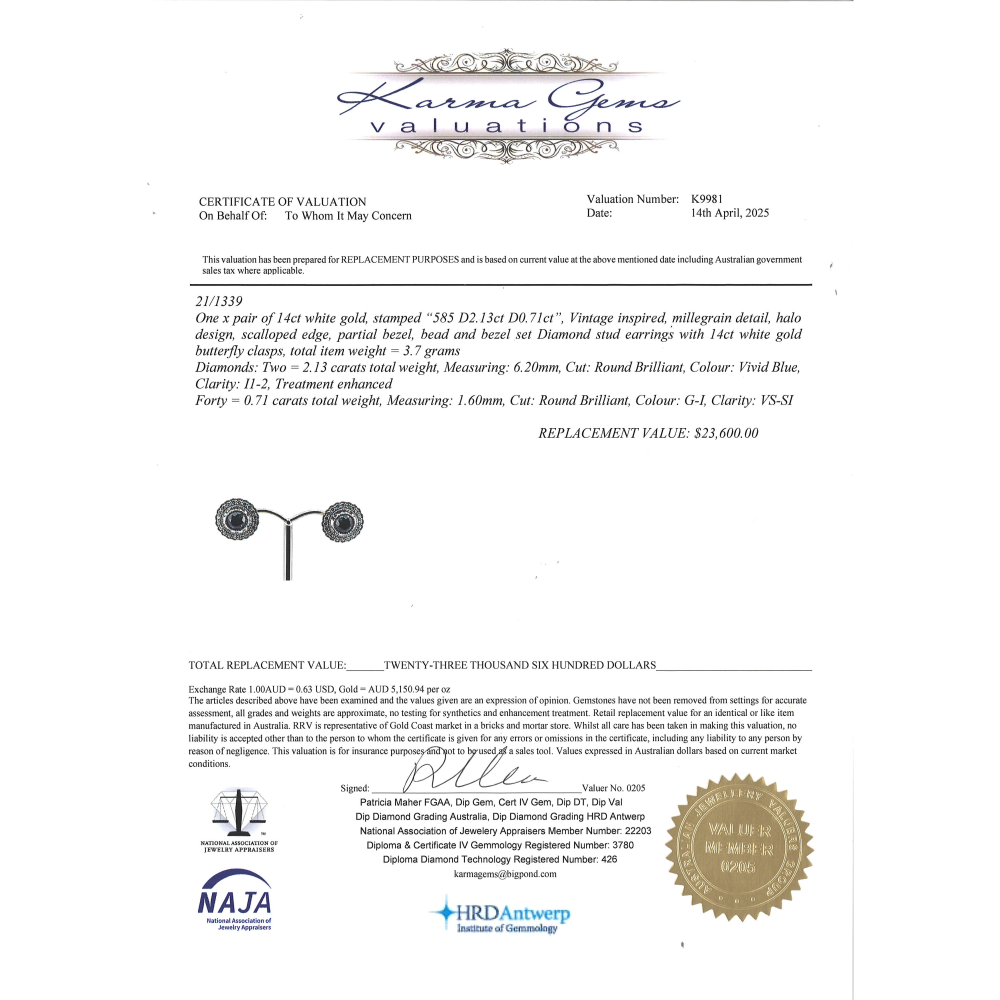 White Gold, 2.13ct Blue Diamond and Diamond, Halo Earrings