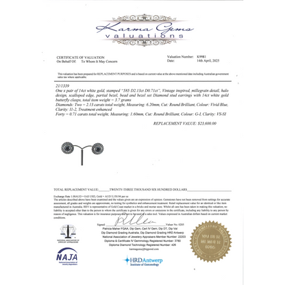 White Gold, 2.13ct Blue Diamond and Diamond, Halo Earrings