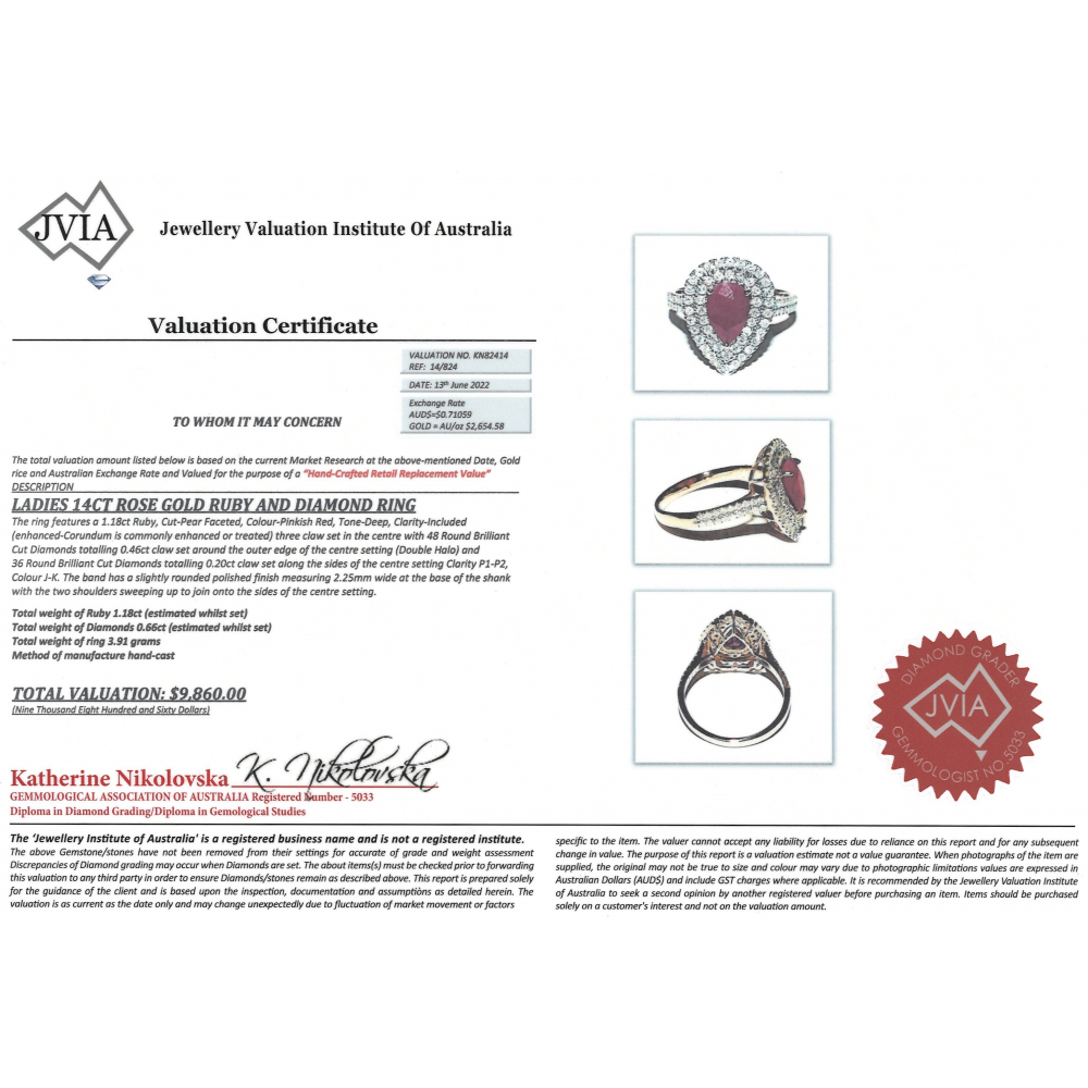 1.18ct Rose Gold Pear Shaped Ruby and Diamond Double Halo Ring