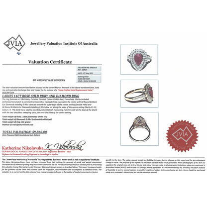 1.18ct Rose Gold Pear Shaped Ruby and Diamond Double Halo Ring