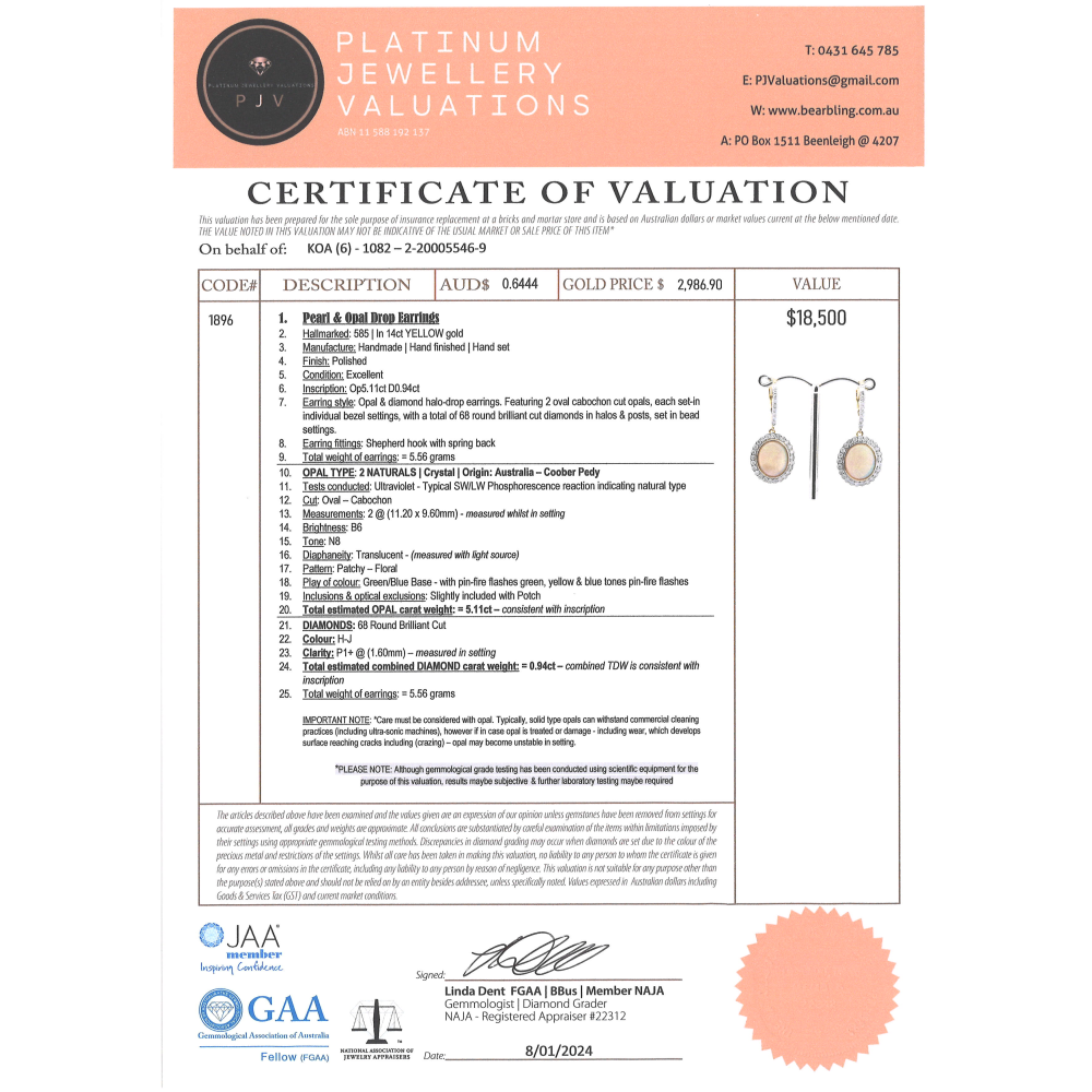 Yellow Gold Coober Pedy Opal & Diamond Drop Earrings