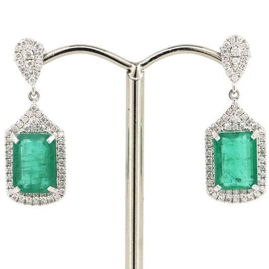 White Gold Emerald & Diamond Drop Earrings