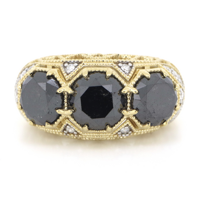 Yellow Gold, Black Diamond and Diamond, Trilogy Ring