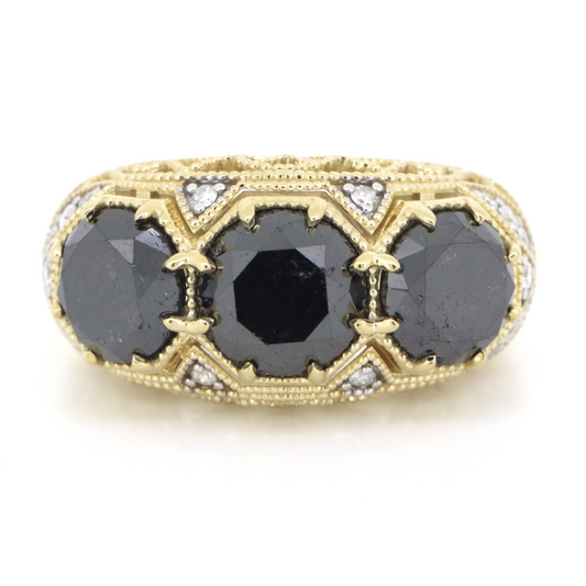 Yellow Gold, Black Diamond and Diamond, Trilogy Ring