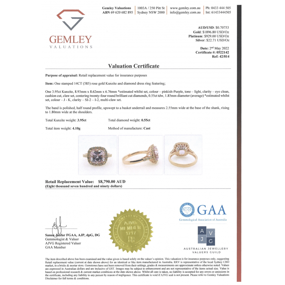 3.95ct Rose Gold Kunzite and Diamond Halo Ring