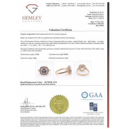 3.95ct Rose Gold Kunzite and Diamond Halo Ring