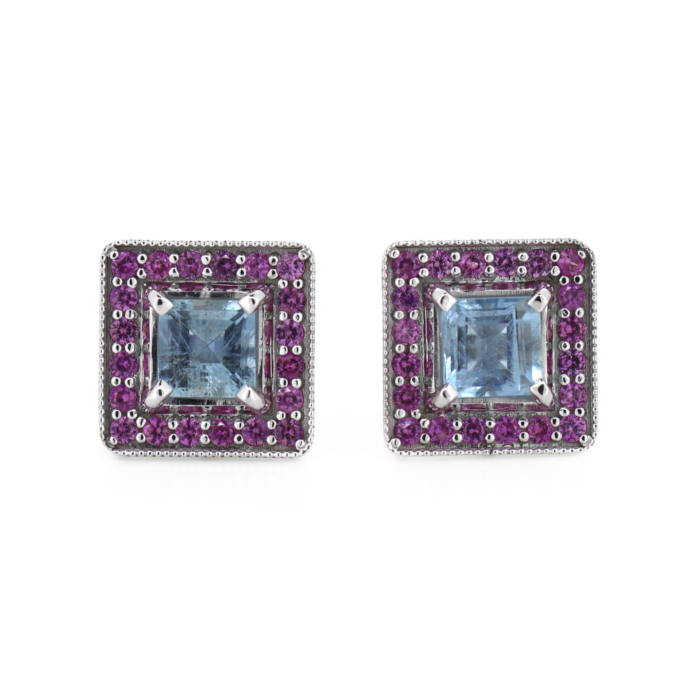White Gold Aquamarine & Pink Sapphire Halo Stud Earrings