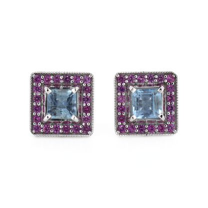 White Gold Aquamarine & Pink Sapphire Halo Stud Earrings