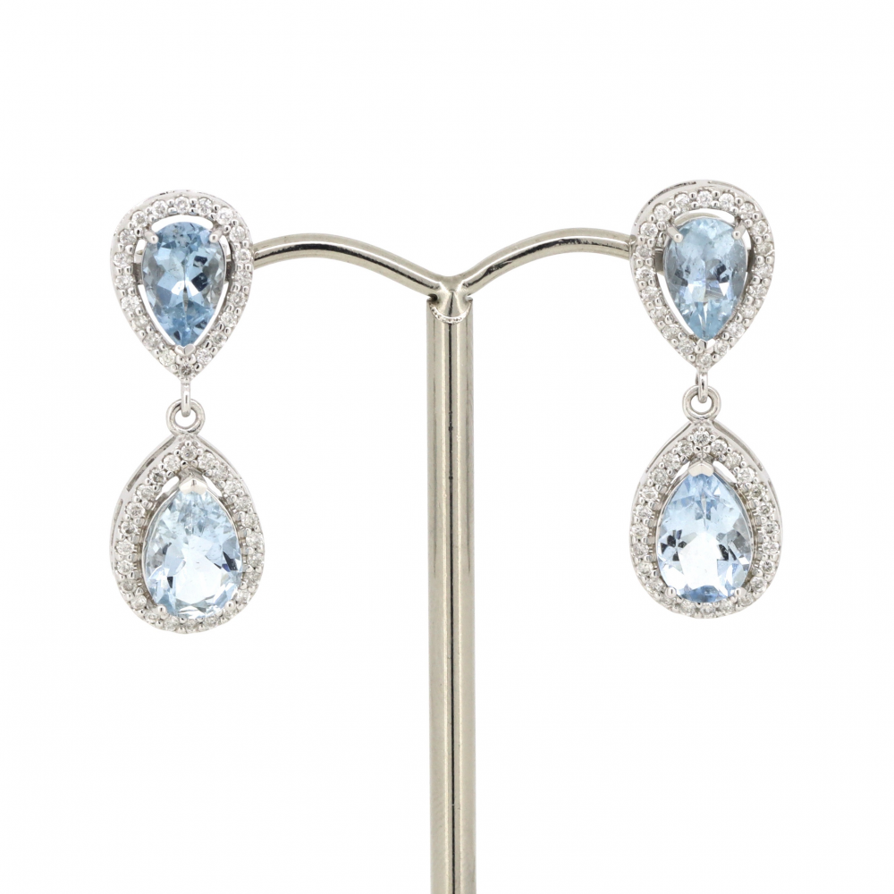 White Gold, Aquamarine and Diamond, Halo Double Drop Earrings