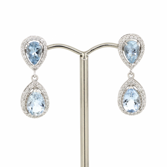 White Gold, Aquamarine and Diamond, Halo Double Drop Earrings