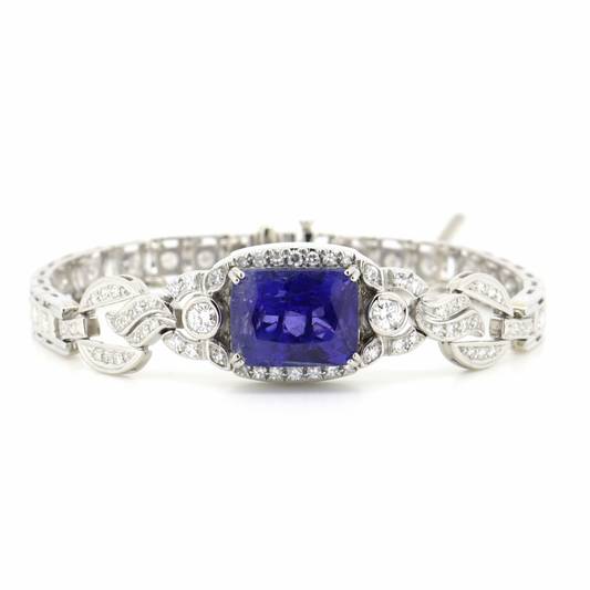 White Gold and 950 Platinum, Tanzanite and Diamond Antique-Inspired Bracelet