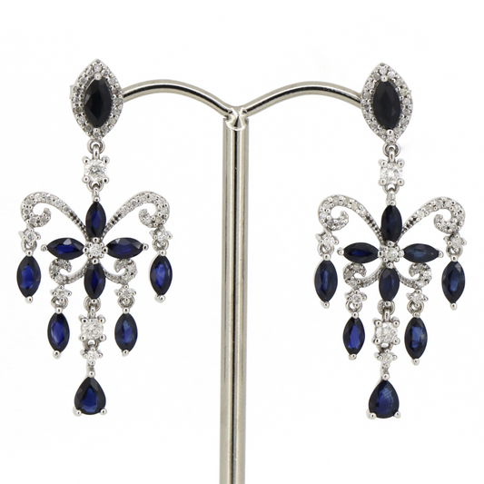 White Gold Blue Sapphire and Diamond Chandelier Inspired Earrings