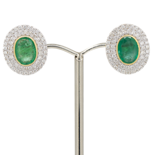 Yellow Gold Zambian Emerald and Diamond Double Halo Stud Earrings