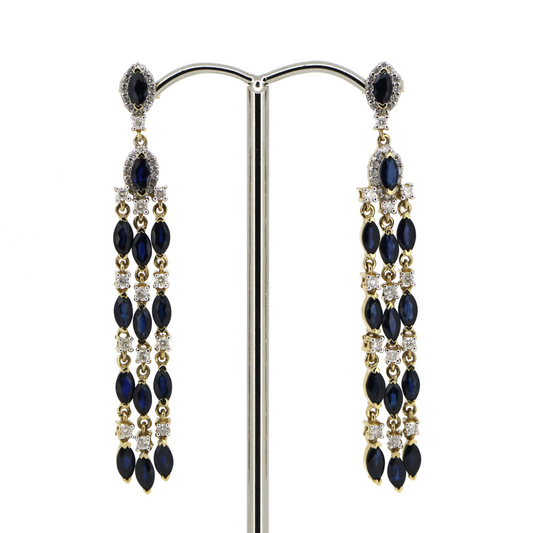Yellow Gold Blue Sapphire and Diamond Chandelier Earrings