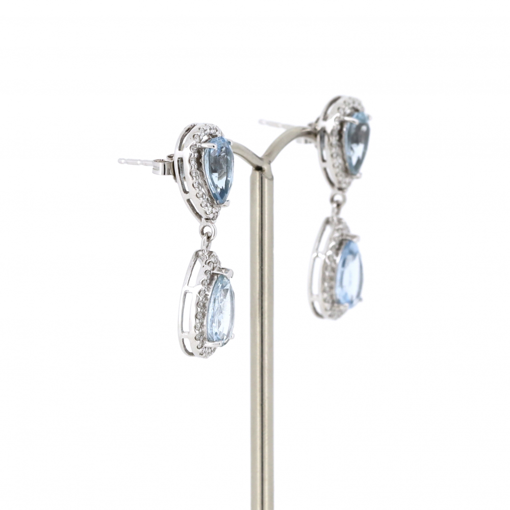 White Gold, Aquamarine and Diamond, Halo Double Drop Earrings