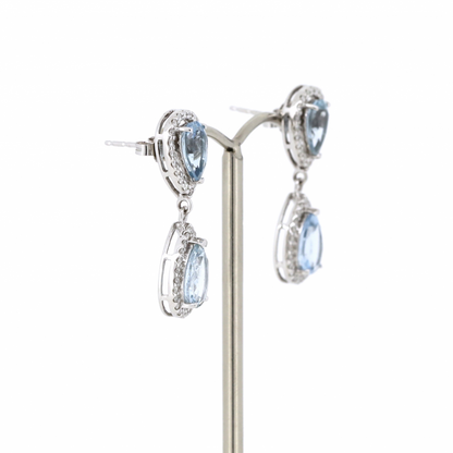 White Gold, Aquamarine and Diamond, Halo Double Drop Earrings