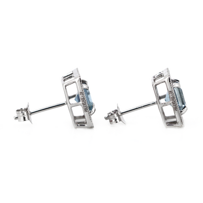 White Gold Aquamarine & Pink Sapphire Halo Stud Earrings