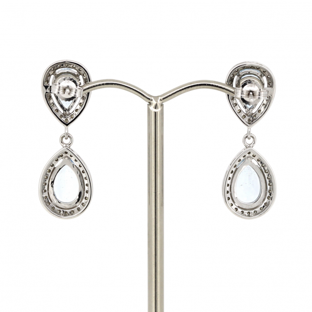 White Gold, Aquamarine and Diamond, Halo Double Drop Earrings