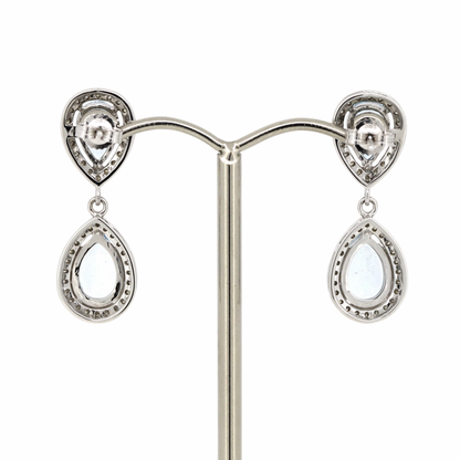 White Gold, Aquamarine and Diamond, Halo Double Drop Earrings