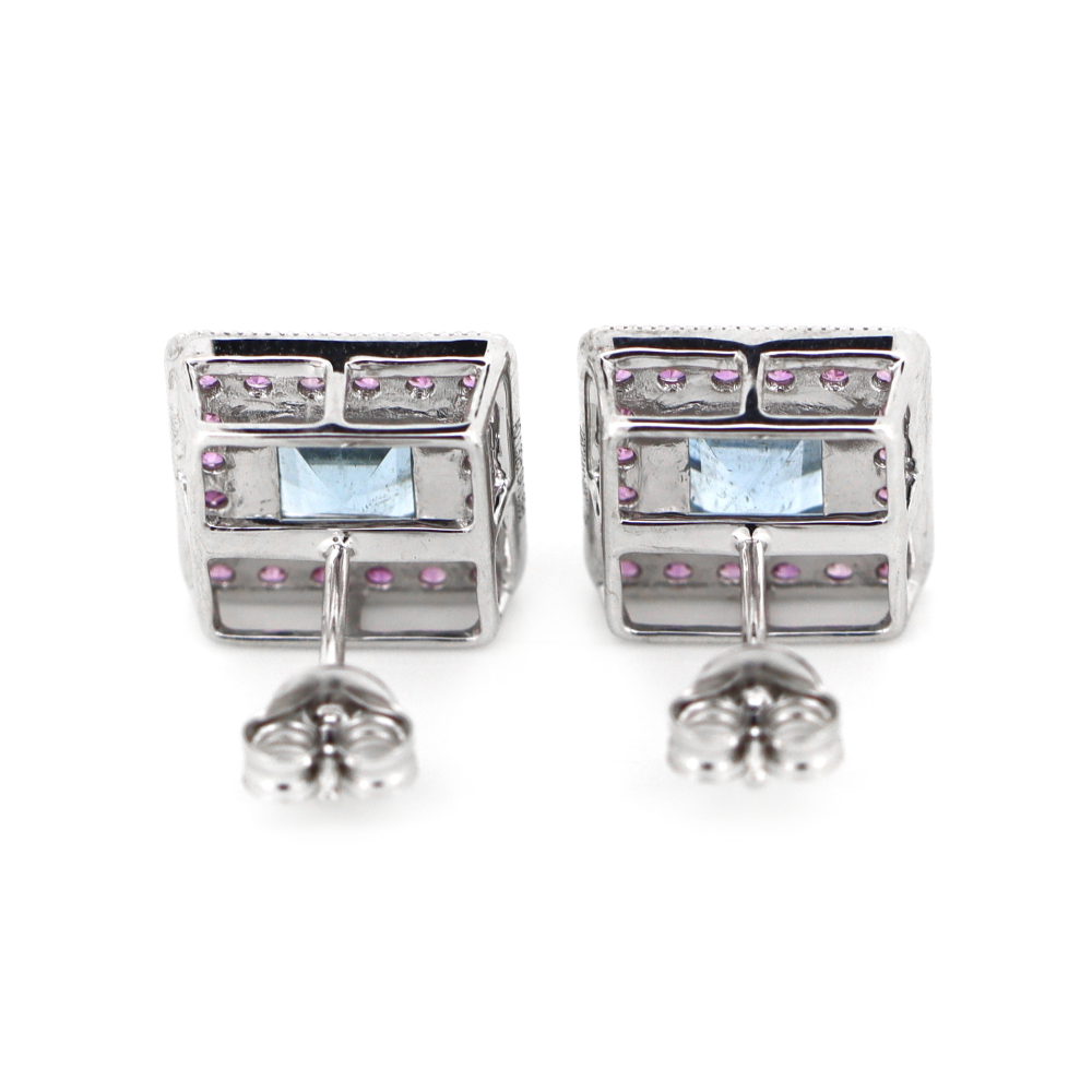 White Gold Aquamarine & Pink Sapphire Halo Stud Earrings