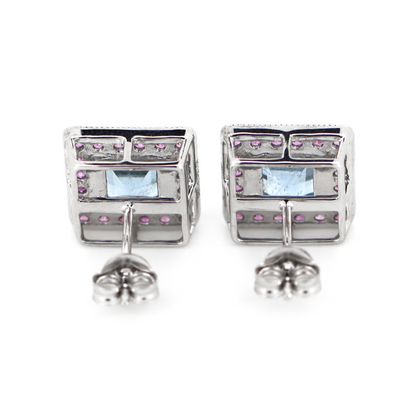 White Gold Aquamarine & Pink Sapphire Halo Stud Earrings