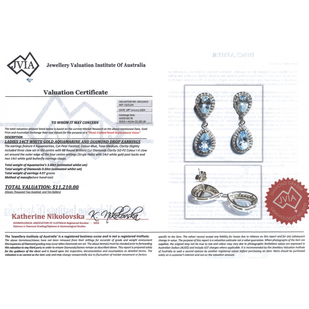 White Gold, Aquamarine and Diamond, Halo Double Drop Earrings