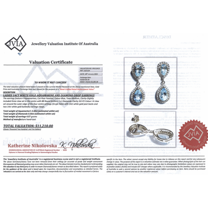 White Gold, Aquamarine and Diamond, Halo Double Drop Earrings