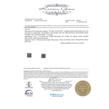 White Gold Aquamarine & Pink Sapphire Halo Stud Earrings